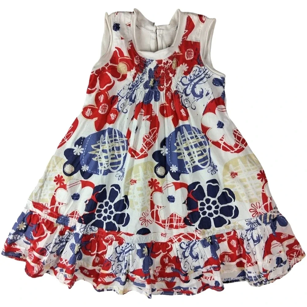 Duex Par Duex Girls Sz 5 Sleeveless Pop Art Flower Dress Red White Blue Cotton